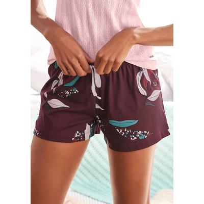 Pyjamashorts S.OLIVER, Damen, Gr. 40/42, N-Gr, rot (bordeaux, geblümt), Single Jersey, Obermaterial: 50% Baumwolle, 50% Viskose, geblümt, Basic kurz, Hosen, im Allover-Druck
