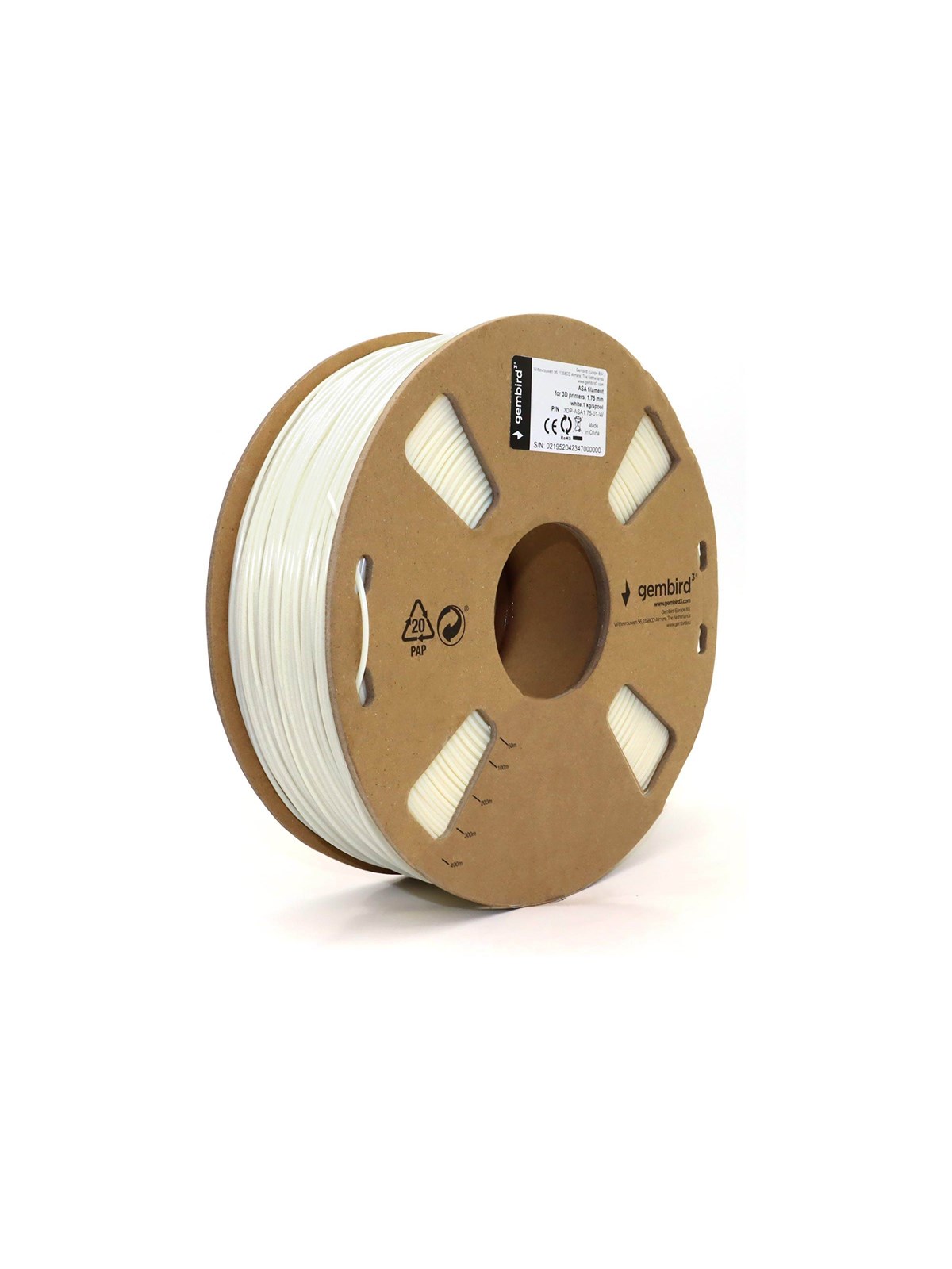 Gembird ASA filament - White - 1.75mm ø - 1 kg, 1kg