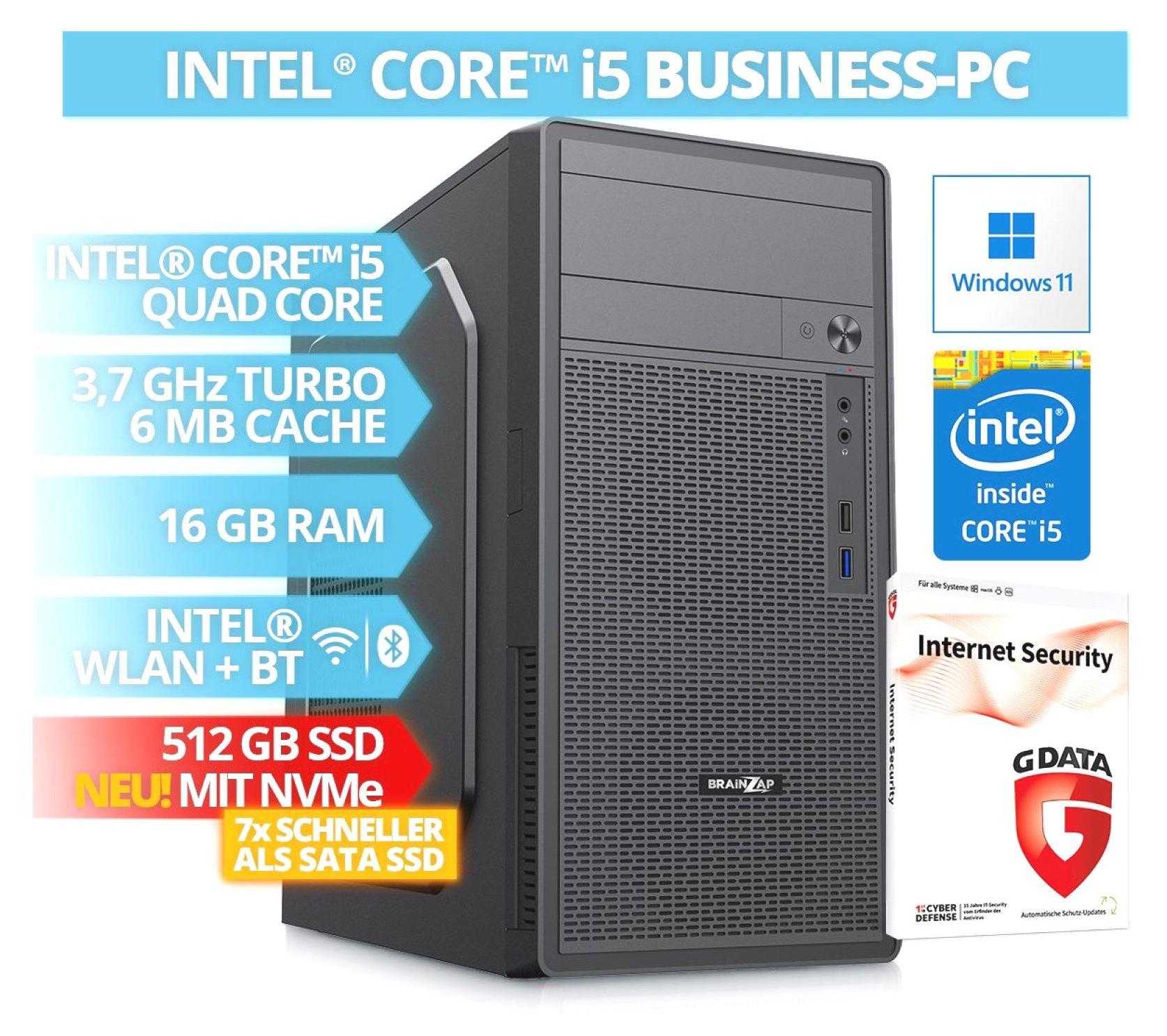 BRAINZAP Intel Core i5 Quad-Core Office / Business PC, 16 GB RAM, 512 GB NVMe SSD, WLAN, BT Bluetooth Windows 11