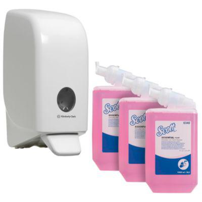 Sparset Scott® Essential™ Schaumseife 6340, 3 Flaschen á 1 l + gratis Kimberly-Clark® Aquarius™ Handseifenspender 6948, Füllmenge 1 l, weiß