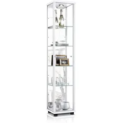 K-Möbel Glasvitrine in Weiss (176x37x33 cm) mit 4 höhenverstellbaren Glasböden, Spiegel, LED - Modellauto Vitrine Weiß - Vitrinenschrank Weiss