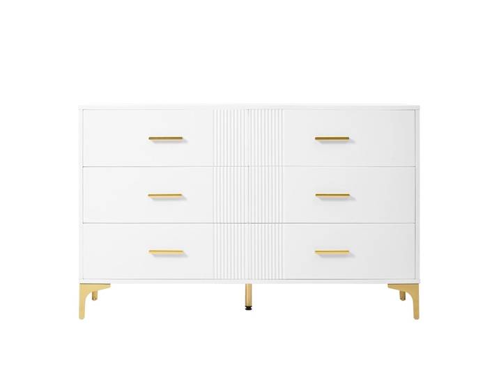 Commode blanche élégante à 6 tiroirs motif ondulé accents dorées