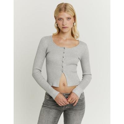 Strickjacke TALLY WEIJL "SCAVISADIA", Damen, Gr. M, gris chiné light, Strickjacken Strickjacke, unifarbene Ripp-Optik, bauchfrei mit silbernen Knöpfen