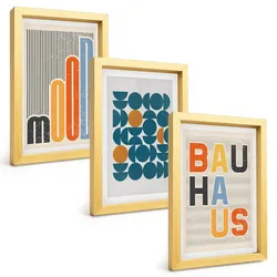 BILDER SET 3er Set - 20x30 cm Goldrahmen - Geometrische Muster im Bauhaus-Stil
