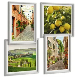 BILDER SET 4er Set - 50x50 cm & 40x60 cm Silberner Rahmen - Bezaubernde Straßen voller Zitronenblüten