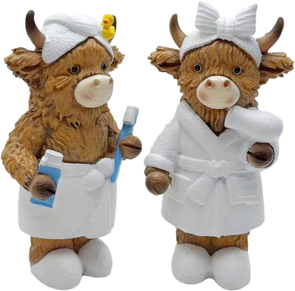 Schattig Hooglandkoe beeldje van hars voor decoratie in de badkamer of op tafel, Crème