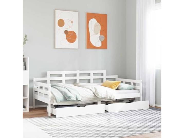 RJPLMFV 2-in-1-Tagesbett mit Schubladen, Weiß, 90 x 190 cm, Massivholz Massives Kiefernholz, langlebig, Sicherheitsbarriere, 3 Seiten, integrierte Aufbewahrung, ohne Matratze