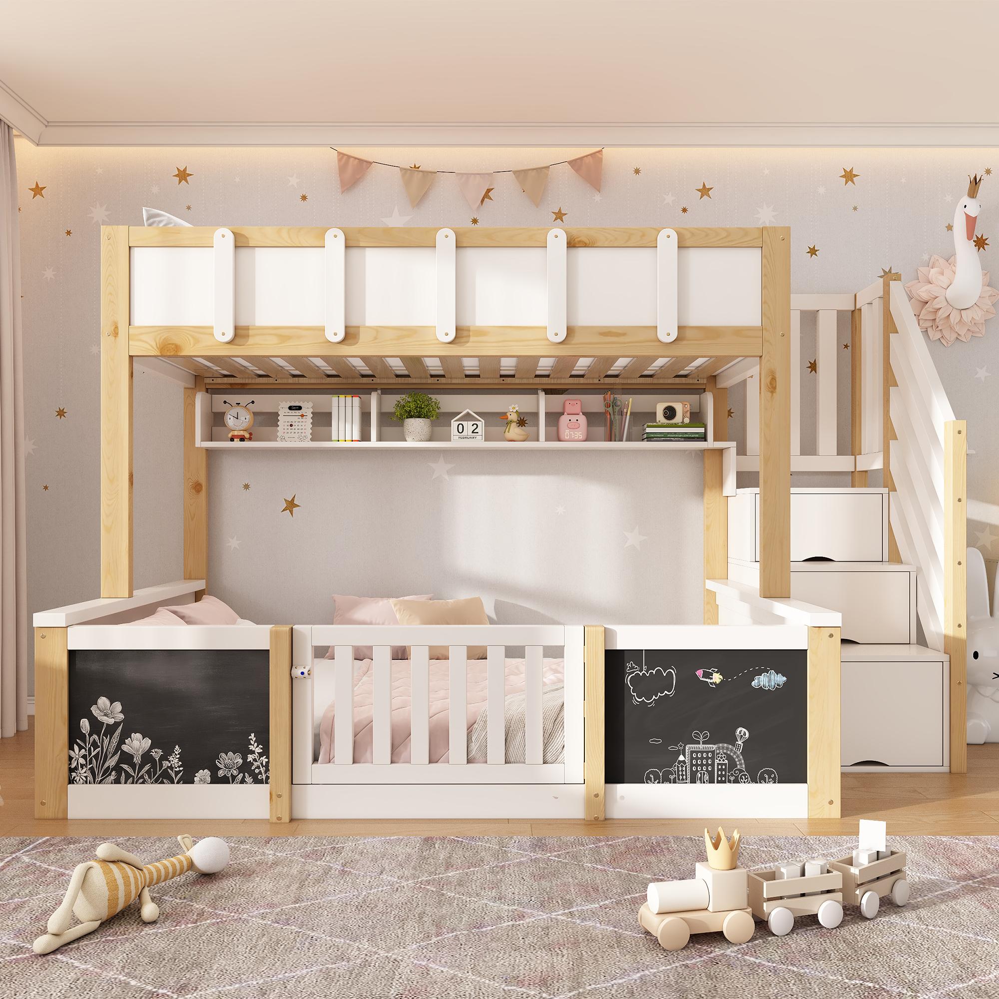 Merax Familien-Etagenbett 90x200 und 140x200cm, Holzbett mit Stauraumtreppe, Kreidetafel, Sicherheitstür, Hängekörben und Rausfallschutz, Weiß