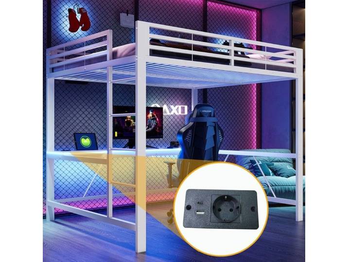 Lit mezzanine gaming métal 160x200 blanc éclairage LED bureau intégré station chargement USB Sans Matelas
