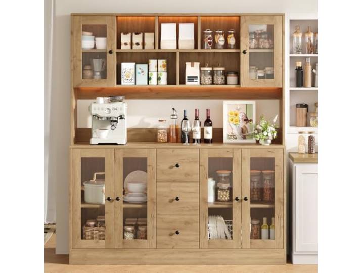 Merax Buffetschrank mit LED & Steckdosen, Vitrinenschrank mit Verstellbarem Einlegeboden & Arbeitsplatte, Mehrzweckschrank mit Schubladen, Holzoptik, Küche & Esszimmer, 40x150x173cm, Naturholzfarbe