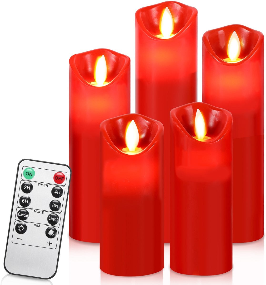 Set van 10 rode LED kaarsen met bewegende vlam en afstandsbediening, Diameter: 5,3 cm
