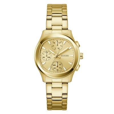 Multifunktionsuhr GUESS "BIRDIE", goldfarben, Armbanduhren, Damen, Quarzuhr, Armbanduhr, Damenuhr, Edelstahlarmband, analog, Wochentag