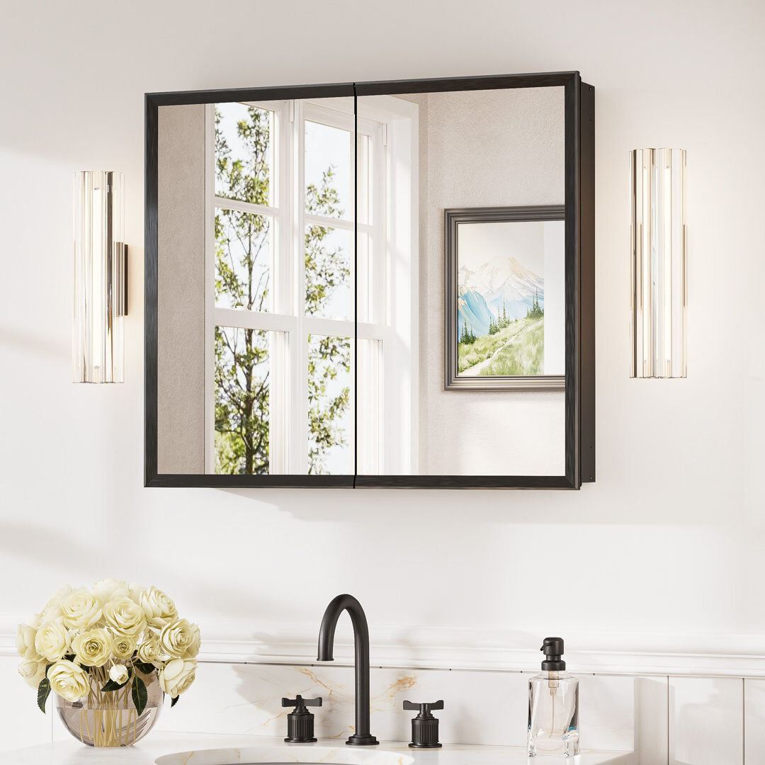 EUkeonjinn W H Framed Medicine Cabinet Mirror Adjustable Matte Black 66 cm H x 76 cm W x 13 cm D
