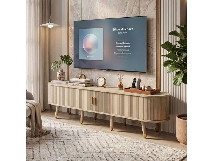 Meuble TV 175cm Grand Rangement Portes Coulissantes Design Soigné Bois Clair & Pieds Dorés - Chêne clair