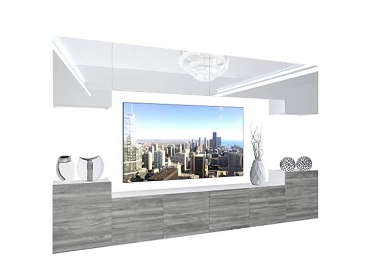 BELINI Wohnwand Schrankwand NEX 4 mit LED-Beleuchtung, Weiß/Glamourholz Vollausstattung Wohnzimmer-Set Moderne Schrankwand Anbauwand TV-Schrank