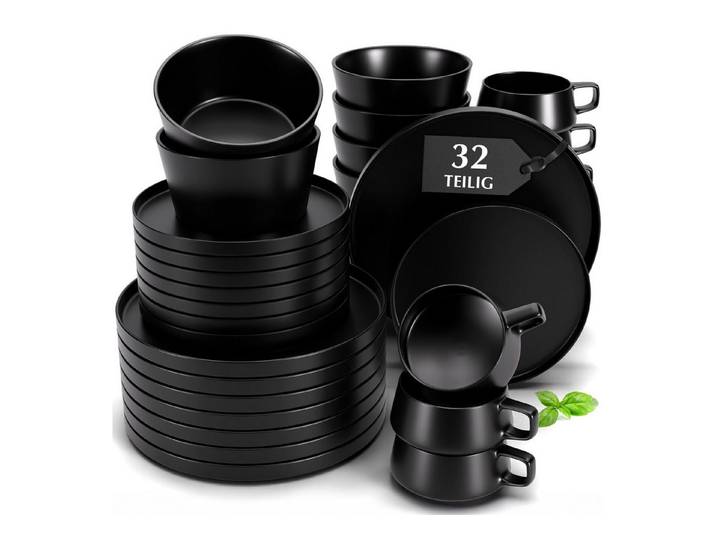 MiaMio Geschirr-Set Luxe Schwarz (32-tlg), 8 Personen, Ceramic New Bone China