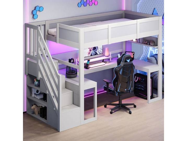 MEUBLIV Lit mezzanine gaming 90 x 200 cm blanc avec bureau rangements LED et USB