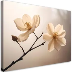 BILD auf Leinwand, Magnolien auf einem Zweig in warmen Beigetönen