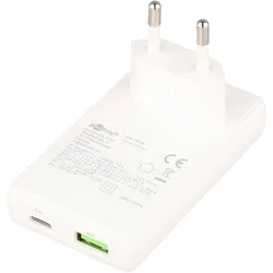 Goobay USB-C PD GaN Dual-Schnellladegerät, 90° Flat, 1x USB-C und 1x USB-A Anschluss, flaches Design Weiss (45 W, 2 Ports), USB Ladegerät, Weiss