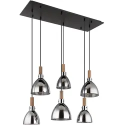 Hängeleuchte Holz Rauchglas Esszimmerlampe hängend 6-Flammig Hängelampe schwarz, Metall Glas, 6x E27 Fassungen, LxBxH 80x30x120 cm