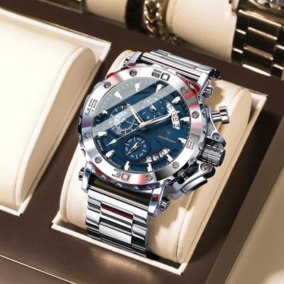 PRiME POEDAGAR Luxury Watch For Men, Calendar Quartz Chronograph, Waterproof Stainless Steel Luminous Man Clock silver Blue