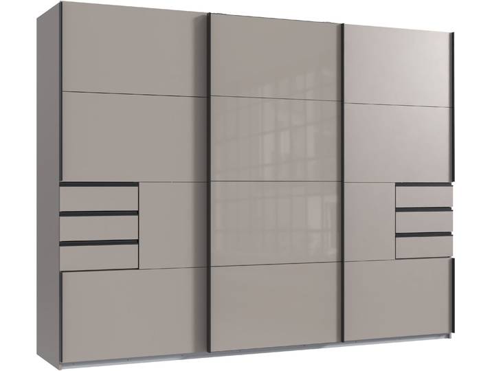 Schwebetürenschrank WIMEX Tilburg , grau (saharagrau, durchgängige türfront glas saharagrau, absetzung grafit), B:270cm H:208cm T:65cm, Holzwerkstoff, Schränke, Schwebetürenschrank, mit Glaselementen