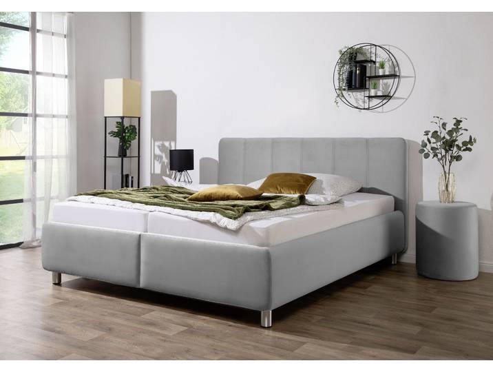 Polsterbett, Samt, Silber, 150×208 cm, Mit Bettkasten, H2/H3, Maintal Wiesenblick