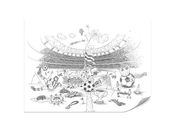 Muralo Fototapete für Kinderzimmer Fußballstadion Skizze Spieler Ball Pokal Sport 500x350, Weiß, Grau, Papier, Rechteckig, 500x350 cm, Tapeten & Wandverkleidungen, Fototapeten