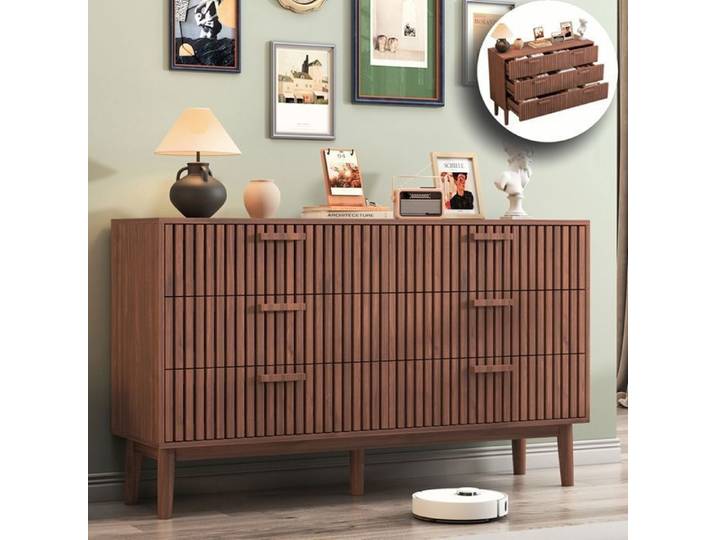 Commode 6 tiroirs - RAVAS - commode chambre - aspect grain de bois - meuble a tiroir - 100 x 34 x 73 cm - Couleur noyer