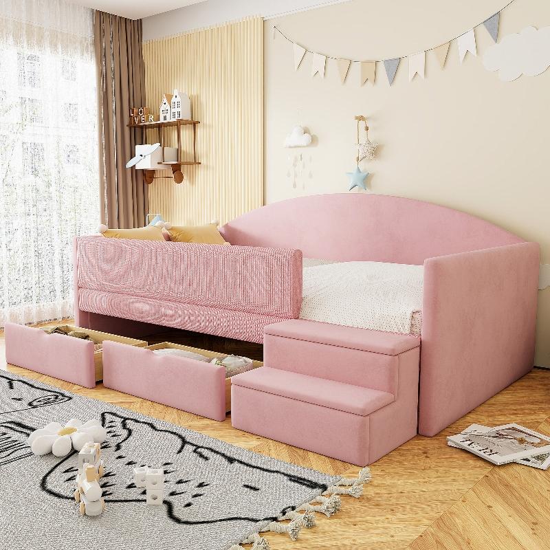 Kinderbett 90x190cm aus Samt in Rosa mit 2 Schubladen, gepolstertem Geländer und Stufen, Polsterbett ohne Matratze für Schlafzimmer