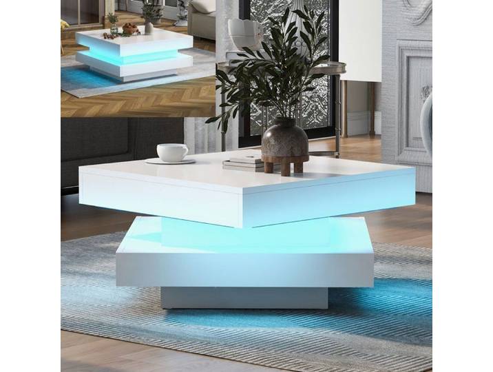 Table basse carre blanche brillante 70x70x36 cm Table basse bois moderne avec plateau pivotant 360 et Lumire LED