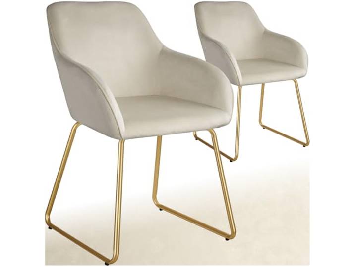 tectake® Esszimmerstühle Samtstoff, Stühle 2er Set, Armlehnstuhl Esszimmer, Sessel Wohnzimmer, Schminktisch Stuhl, Küchenstuhl, Sessel Schlafzimmer, Lounge Möbel - Creme/Gold, 2er Set