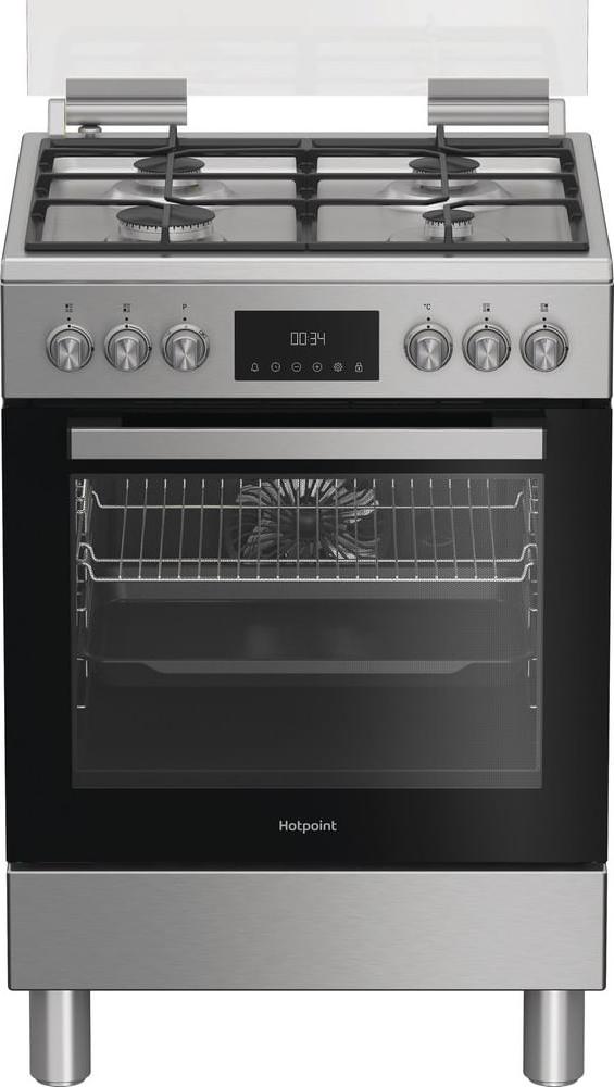 Hotpoint H6G5LMX, Freistehender Herd, Edelstahl, Drehregler, Berührung, Edelstahl, Vorderseite, Gaskochfeld