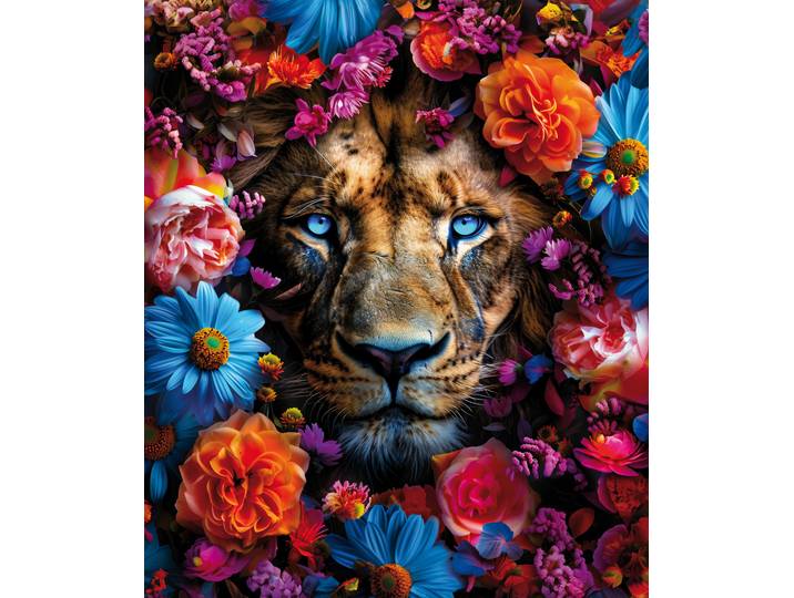 Leinwandbild BÖNNINGHOFF Wandbild LÖWE BLUMENKRANZ XXL 118x140 cm – Leinwandbild Keilrahmen , braun (farbe bild(er): braun, blau, gelb, orange, lila), B:118cm H:140cm T:4,3cm, Canvas, MDF, Bilder, Leinwandbild, auf Keilrahmen gespannt