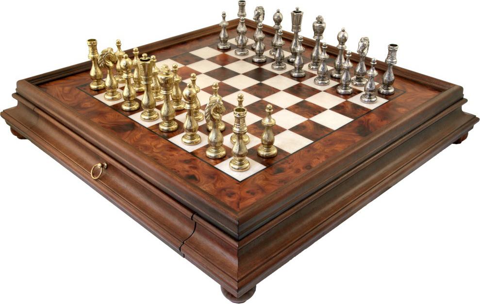Italienische Schachfiguren Arabeske + Schachbrett Eiche Briar 53 Mit Schublade