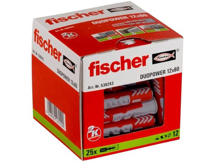 fischer 538243 universele pluggen DuoPower 12 x 60, voor bevestigingen in beton, metselwerk en geperforeerde steen, 25 stuks