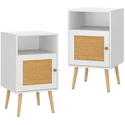COSTWAY Rattan-Nachttisch, Nachttisch aus Holz mit offenem Regal und Tür, Sofatisch