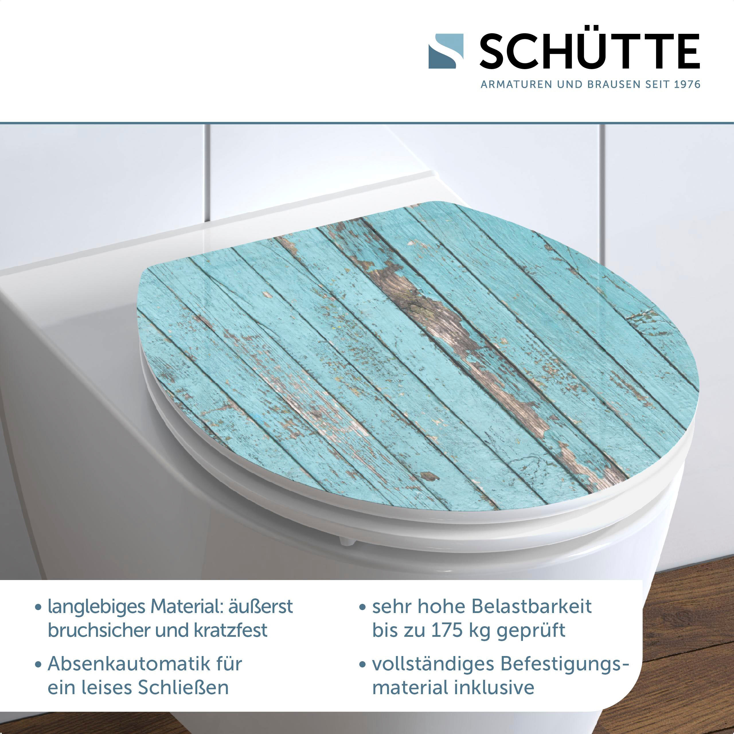 WC-Sitz SCHÜTTE "Blue Wood", blau (türkis, holzfarben), B:370cm L:430cm, MDF - Mitteldichte Holzfaserplatte, WC-Sitze, WC-Sitz, High Gloss mit MDF Holzkern, mit Absenkautomatik