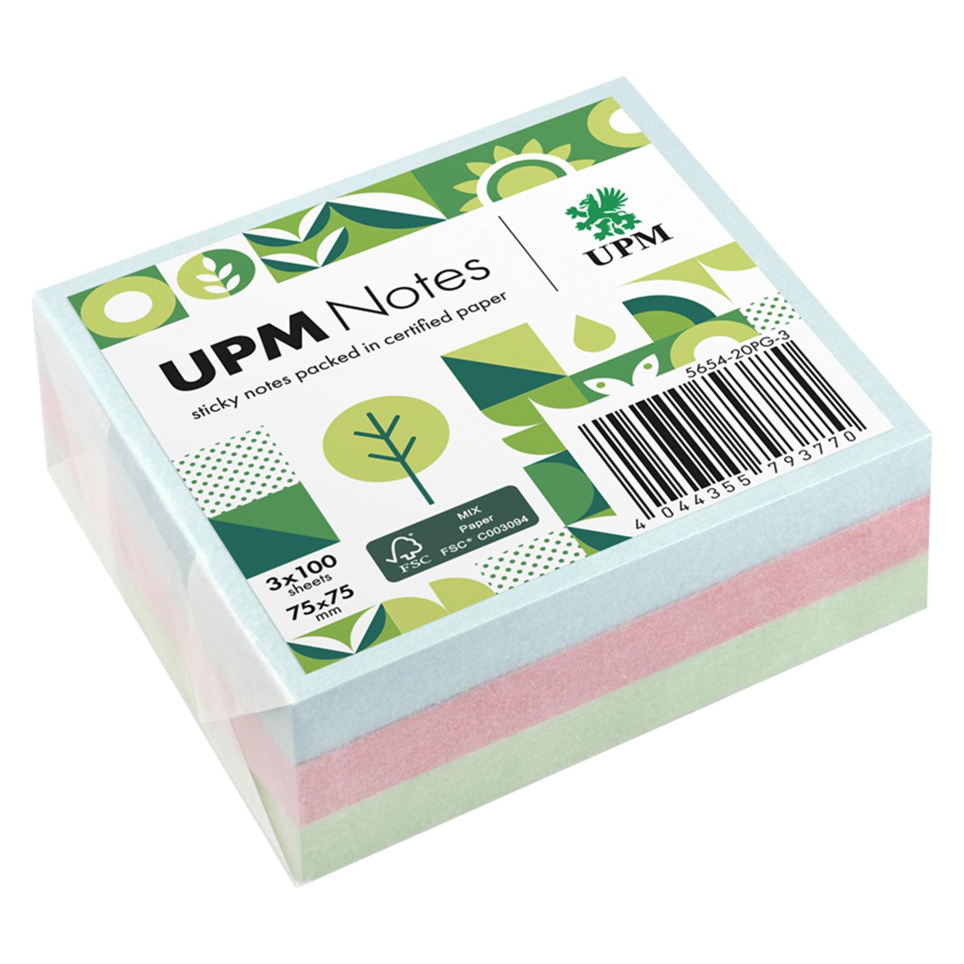 UPM Notes Pastellmix Haftnotizen doppelte Haftung farbsortiert 3 Blöcke (75 x 75 mm) (5654-20PG-3)