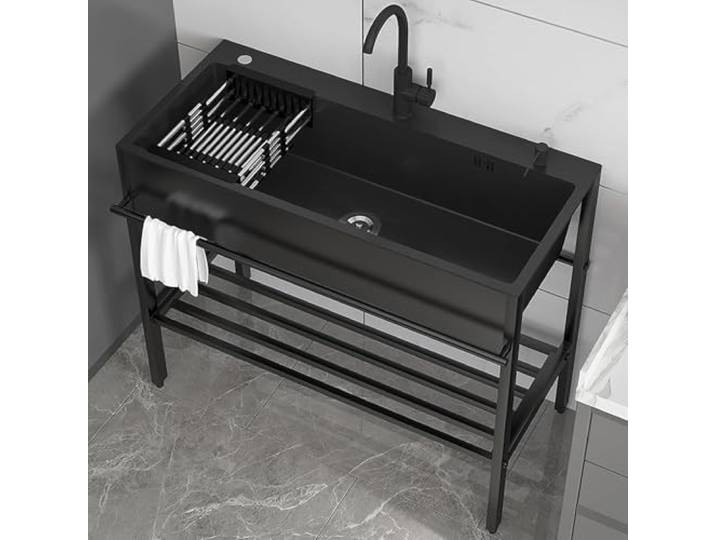 Edelstahl Waschbecken Ausgussbecken,Freistehende Spültisch Küche Spülbecken,Outdoor Spüle Küchenspüle Mit Unterschrank,Außenbereich Edelstahlspüle Handwaschbecken Mit Wasserhahn Für Waschküche,Schwarz