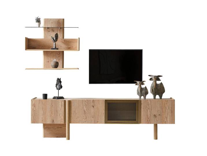 Villa Möbel TV-Wand Anka, (TV Möbel, 3-St., Lowboard und Wandregal), Wandmodul und Regal ergänzen das TV Board für mehr Ordnung im Raum