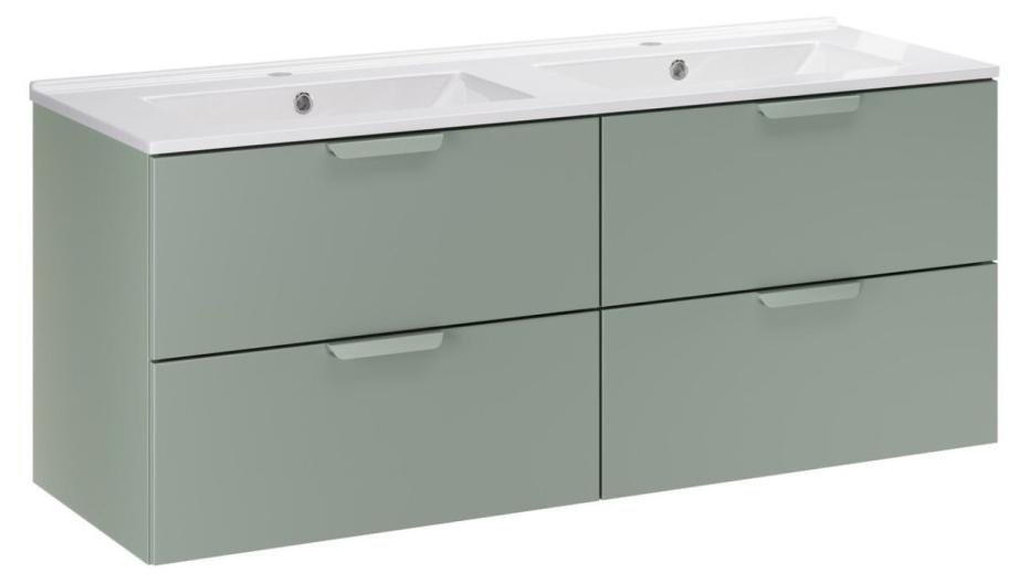 Badezimmer-Set OSTER 120cm: Unterschränke mit Salbei-grünen Schubladen + eingebaute Doppelwaschbecken in Weiß