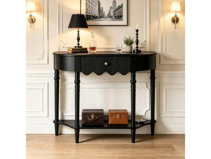 Massivholz Konsolentisch Mit Schublade, Schmaler Flurtisch Halbrund Massivholz-Konstruktion, Platzsparendes Design, Vintage-Akzente, Einfache Montage(Black,39.4inW/100cm)