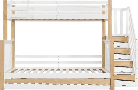 Etagenbett 90x200/120x200cm (ohne Matratze) Kinderbett mit Fallschutz Gitter Treppe und Rollbett Entworfen mit drei Bettpositionen Weiss+Natur