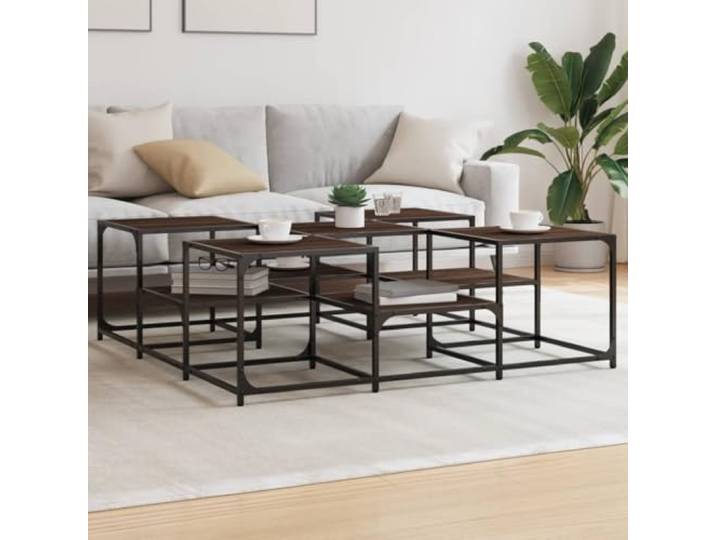 HEFZGDB Couchtisch Braun Eichen-Optik 121x121x40 cm Holzwerkstoff mit stabilem Metallrahmen und verstellbaren Beinen, Beistelltisch für Wohnzimmer mit Tischplatte in 2 Höhen,