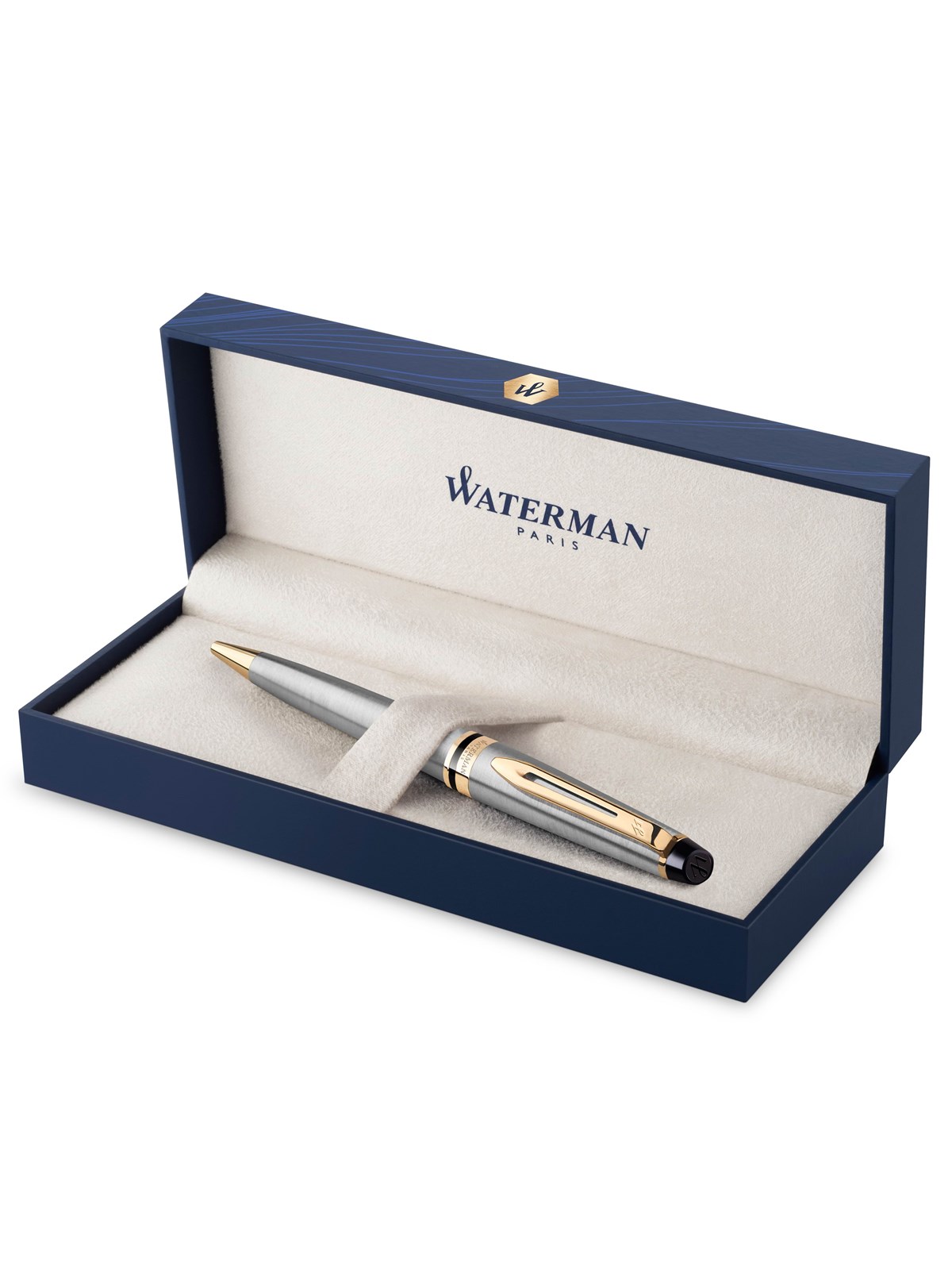 Waterman Expert Kugelschreiber | Edelstahl mit Zierteile aus 23 K Gold | Mittlere Spitze | Blaue Tinte | Geschenkbox