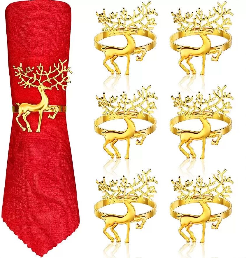 INF Weihnachtliche Rentier-Serviettenringe - 6er Set, Tischdeko aus Zinklegierung für die Feiertage Gold
