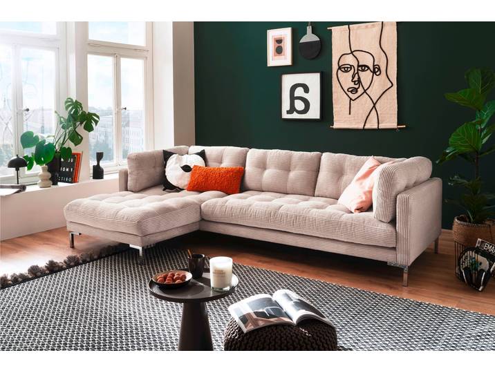 Ecksofa, Cord, Beige 275×158 cm, Recamiere Links & Gepolsterte Armlehnen, Modern, TRENDS BY HG