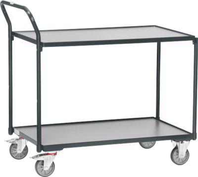 Fetra Tischwagen, 2 Etagen, L 850 x B 500 mm, bis 300 kg, 2 Schiebebügel, Lenk- & Bockrollen, Holz & Stahl, anthrazitgrau RAL 7016