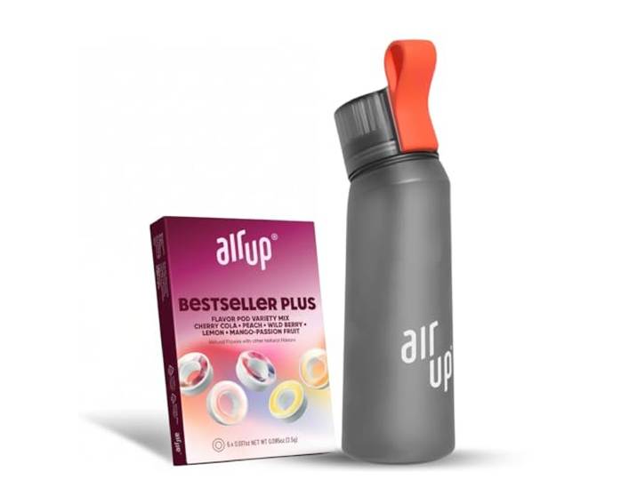 air up® Wasserflasche (625 ml) Grau + 5 x Kapseln Flavor Fiesta Zuckerfreie Geschmackskapseln & Strohhalm